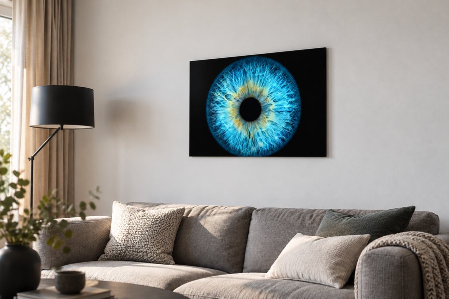 Tableau aluminium d’un iris bleu accroché au-dessus d’un canapé, dans un salon lumineux